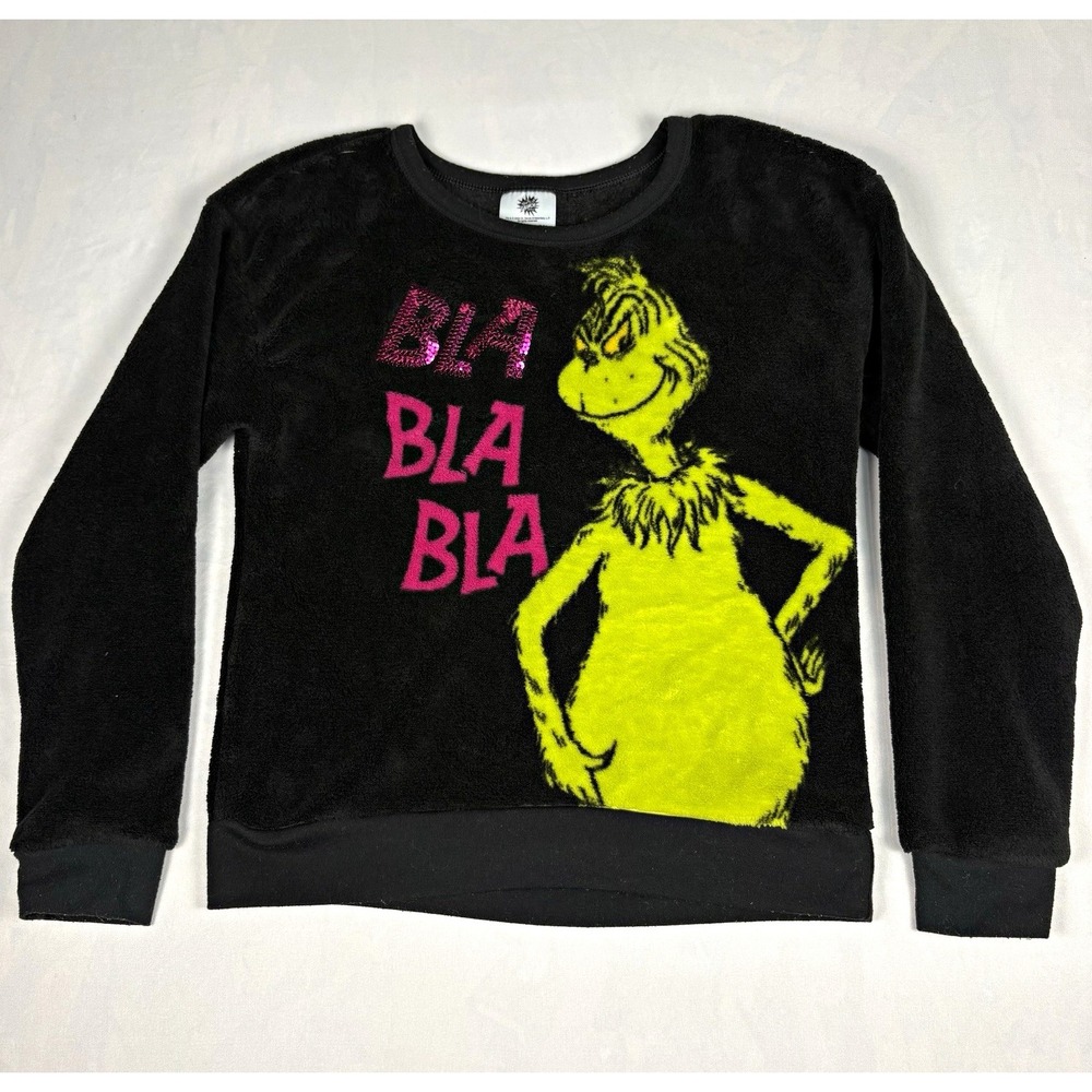 Dr Seuss The Grinch Girls Fuzzy Sweatshirt Size L 10-12 Black Sequin Bla Bla Bla